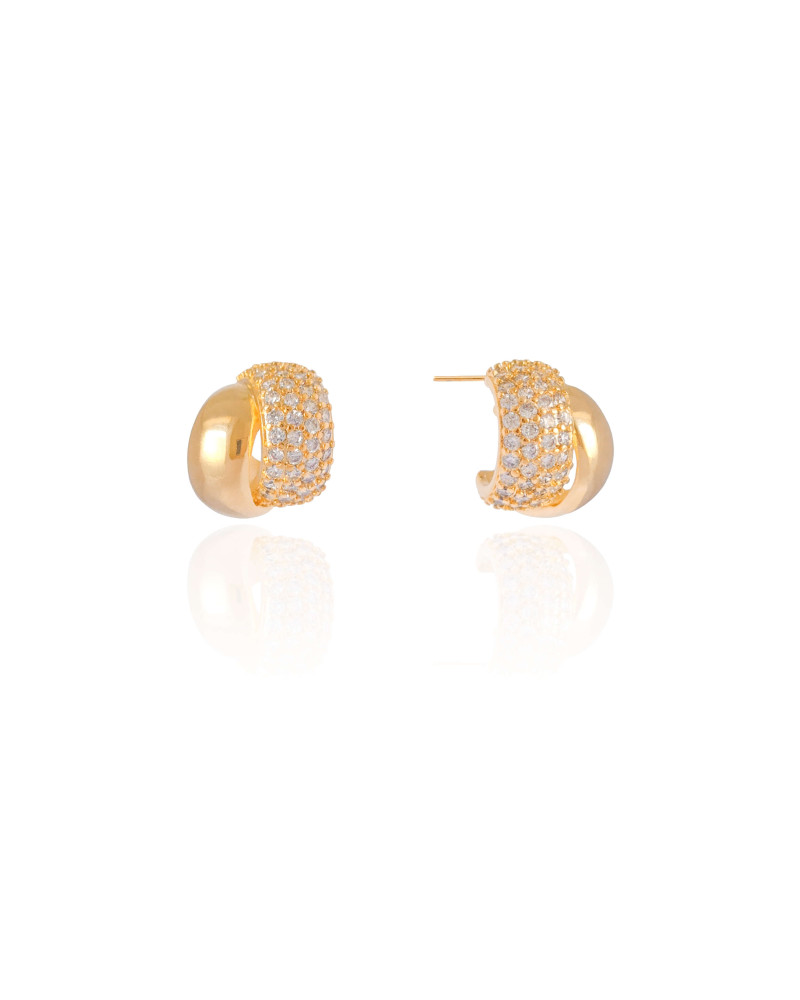 Brinco Meia Argola Dupla Cravejado Cristal 1.5 cm Banhado a Ouro 18K