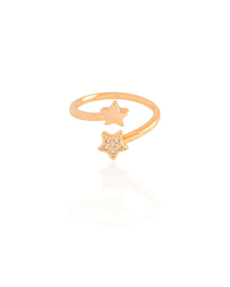 Anel Ajustável Estrelas Cravejado Cristal Tamanho G Banhado a Ouro 18K