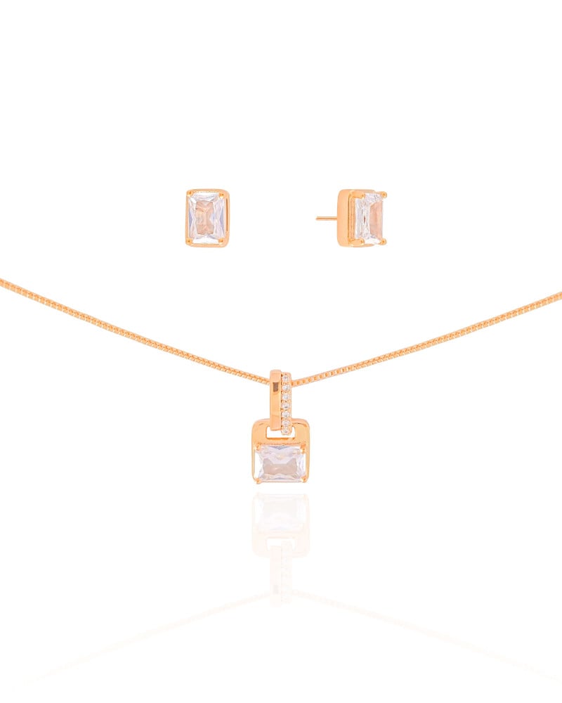 Conjunto Retangular Cravejado Cristal Banhado na Ouro 18K