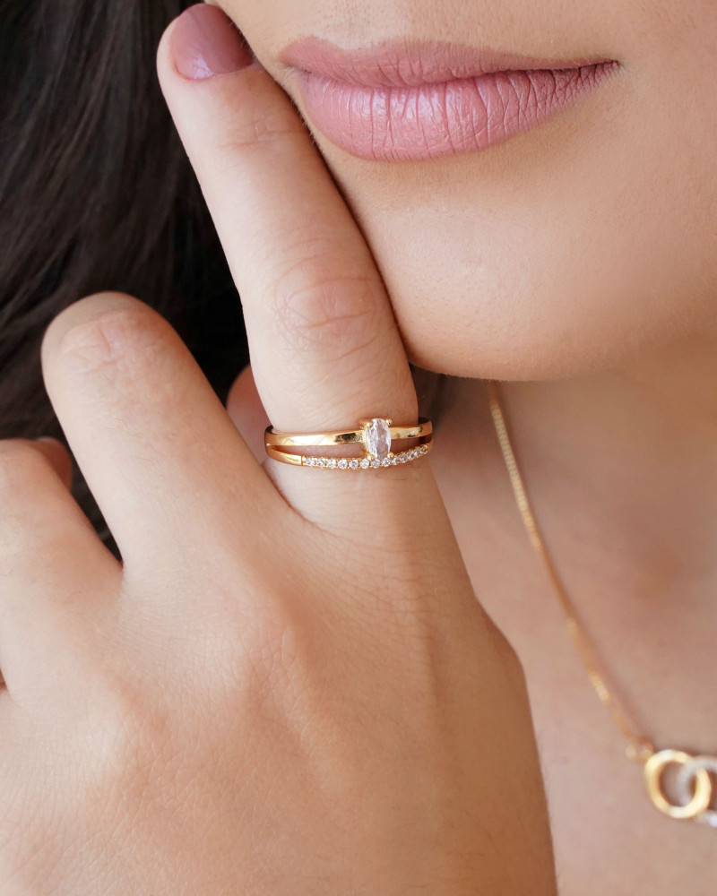 Anel Duplo Oval Cravejado Cristal Tamanho 16 Banhado a Ouro 18K