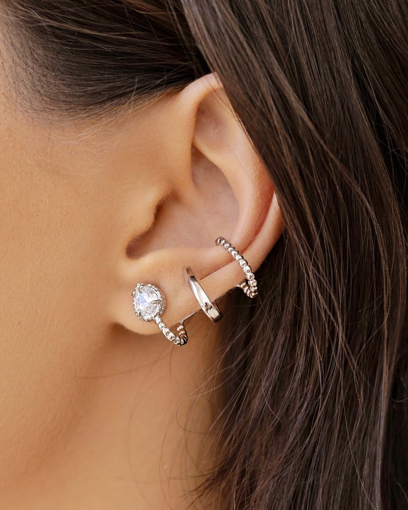 Ear Cuff Filetes Gota Cristal Ródio Branco