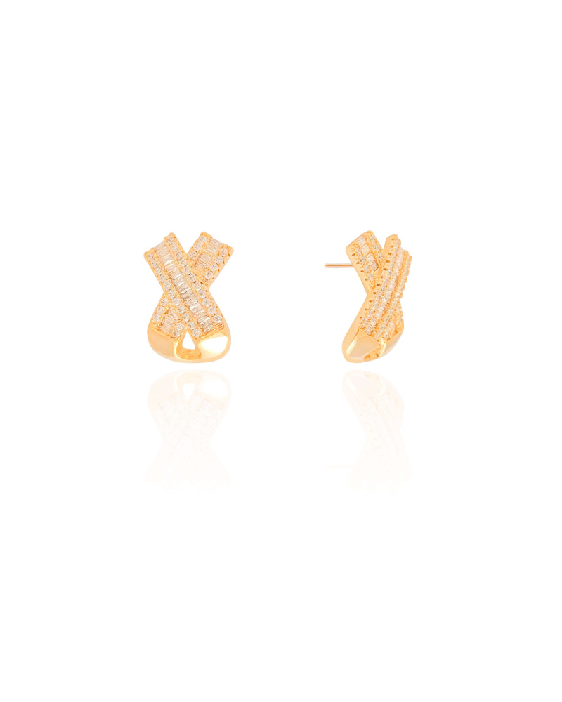 Brinco em X Cravejado Cristal 1.7 cm Banhado a Ouro 18K
