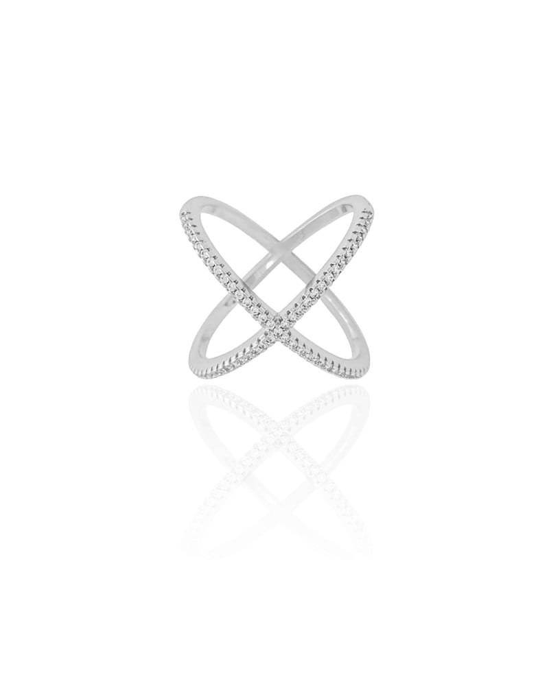 Anel em X Cravejado Cristal Tamanho 19 Ródio Branco