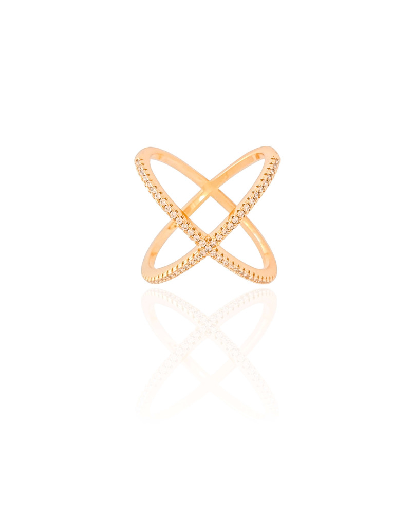 Anel em X Cravejado Cristal Tamanho 23 Banhado a Ouro 18K