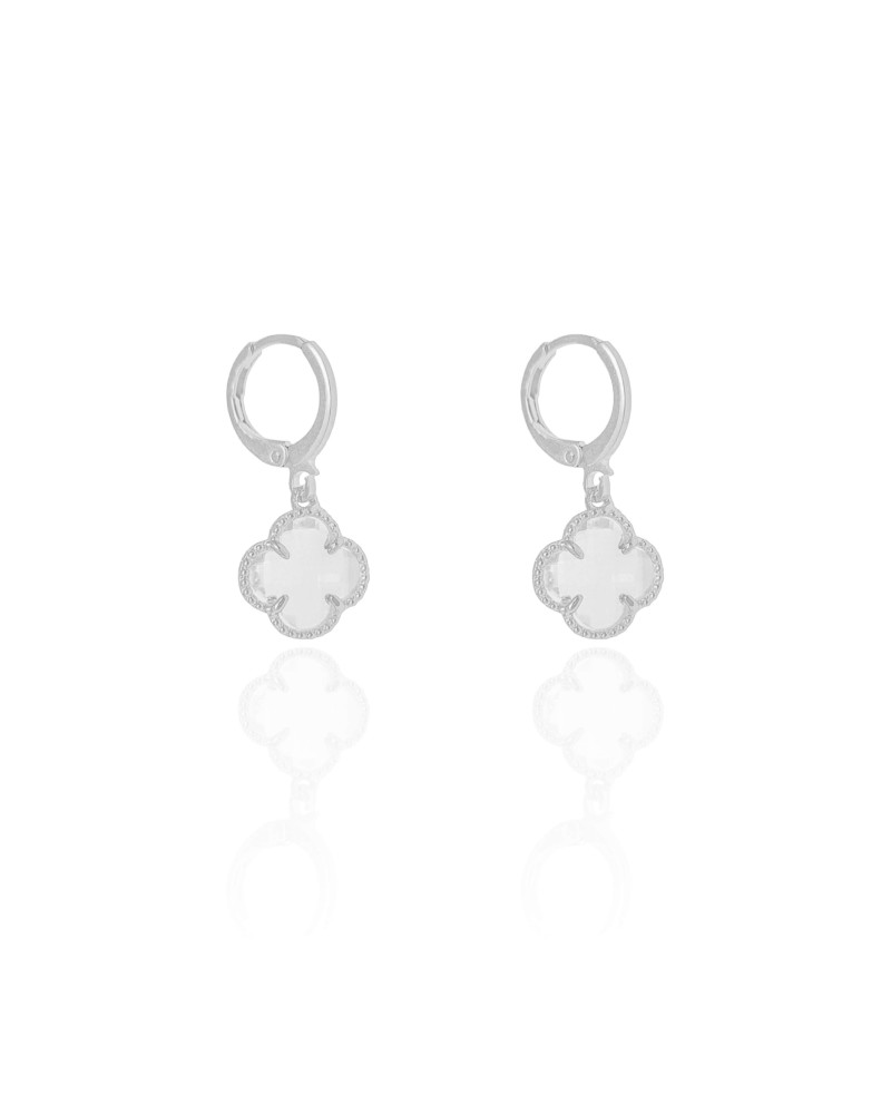 Brinco Argola Click Trevo Cristal 2.6 cm Ródio Branco