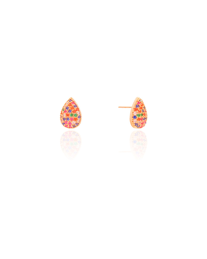 Brinco Gota Cravejada Colorida 1.1 cm Banhado a Ouro 18K