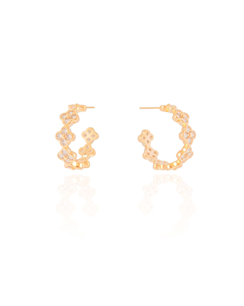 Brinco Argola Flores Cravejadas Cristal 2.1 cm Banhado a Ouro 18K