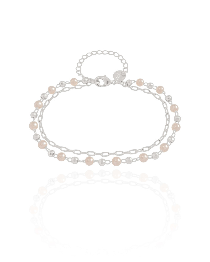 Pulseira Dupla Elos Pérolas Ródio Branco