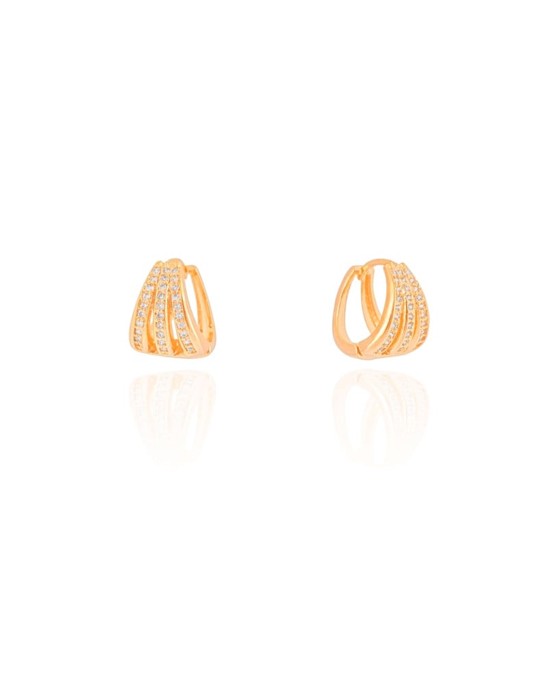 Brinco Argola Click Filetes Cravejados Cristal 1.4 cm Banhado a Ouro 18K