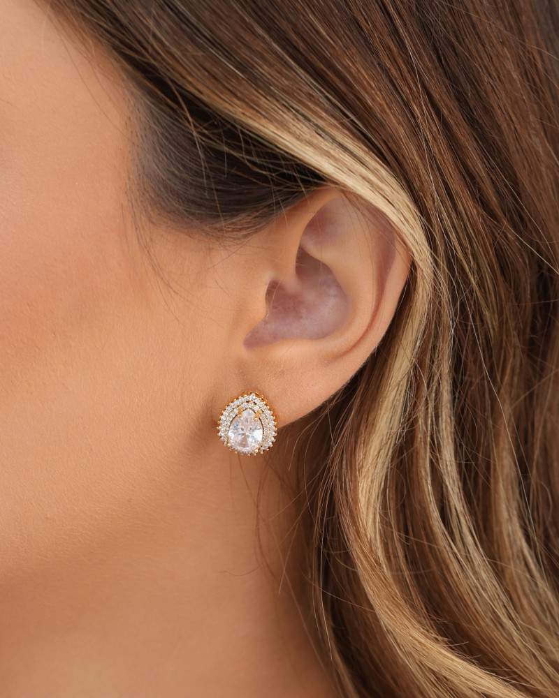Brinco Gota Cravejado Cristal 1.5 cm Banhado a Ouro 18K