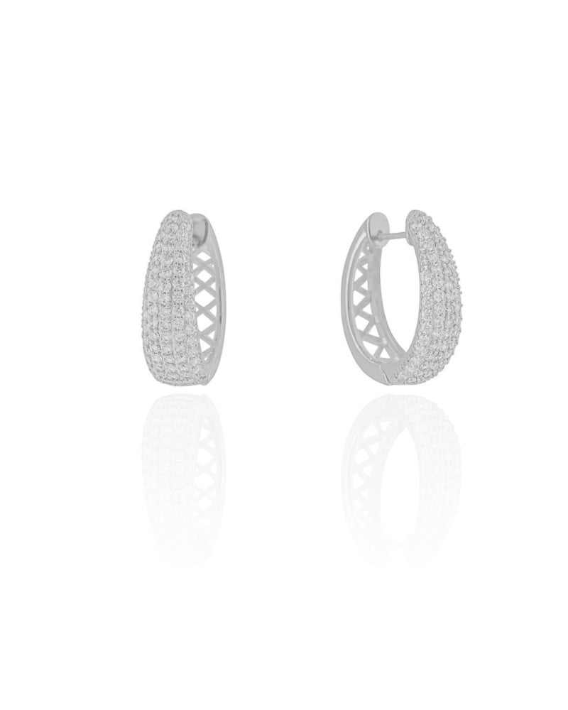 Brinco Argola Click Oval Cravejada Cristal 2.4 cm Ródio Branco
