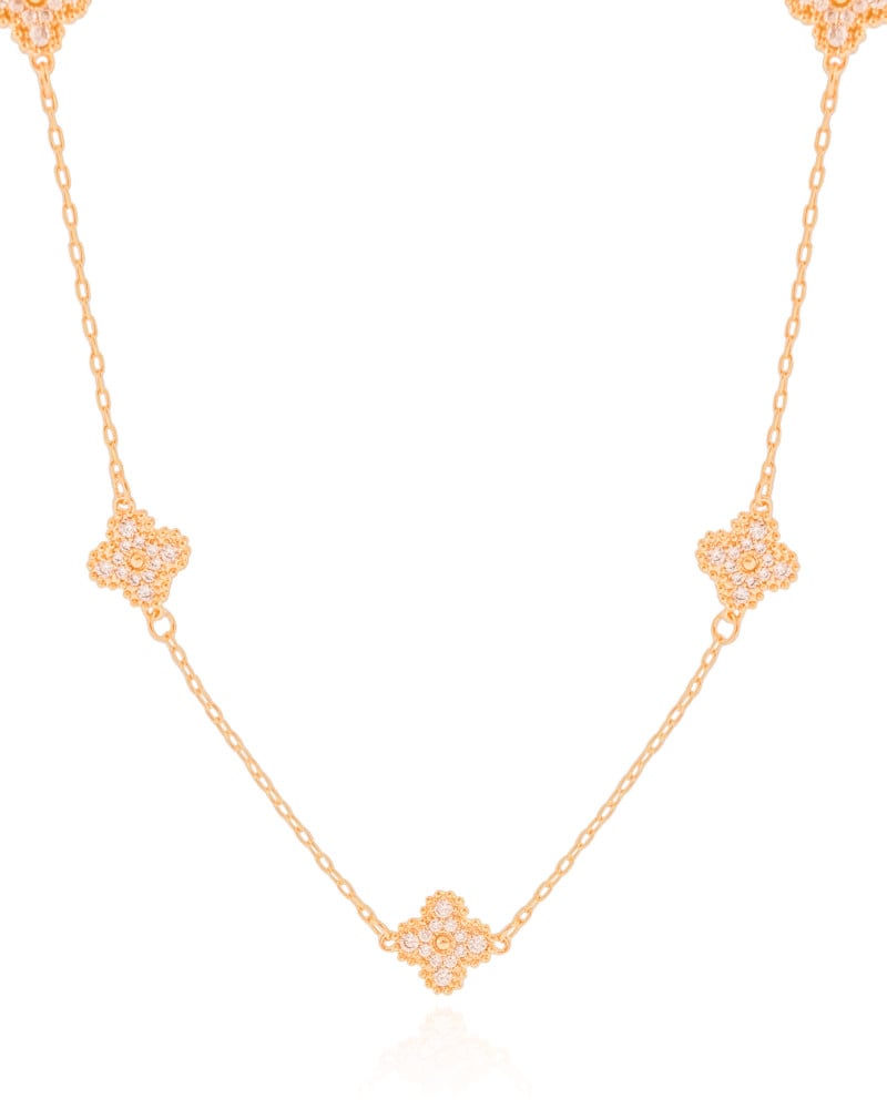 Gargantilha Elos Trevos Cravejados Cristal Banhado a Ouro 18K - 45 cm