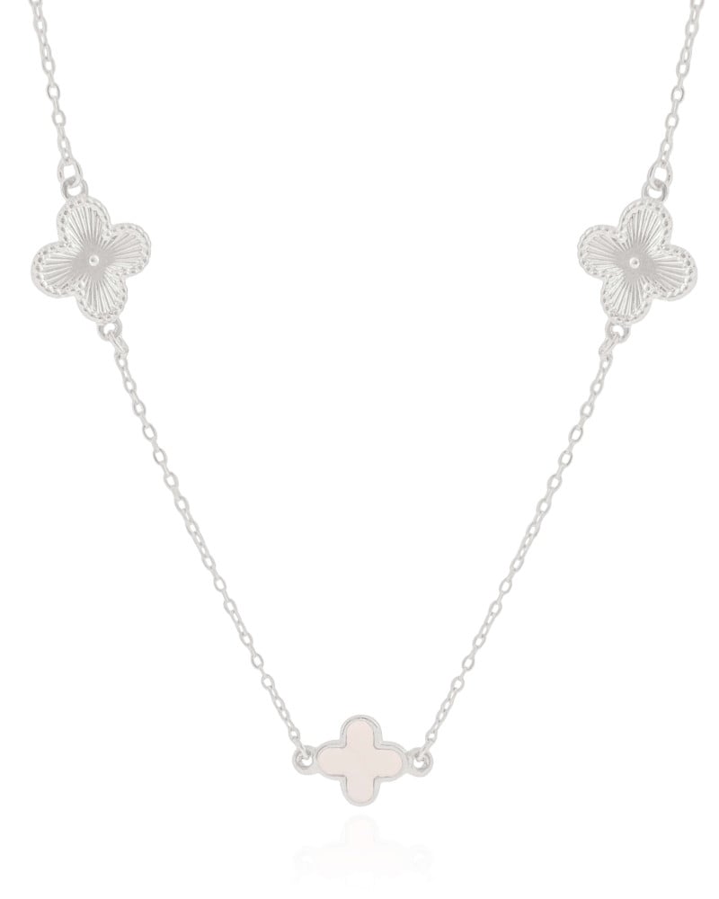 Gargantilha Elos Trevo Riscado e Madrepérola Ródio Branco - 50 cm