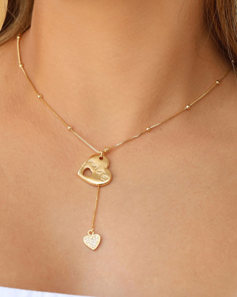 Gargantilha Gravata Bolinhas Coração Mãe Cravejado Cristal Banhado a Ouro 18K - 45 cm