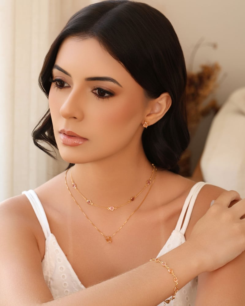 Pulseira Pontos de Luz Morganita 7 mm Banhado a Ouro 18K