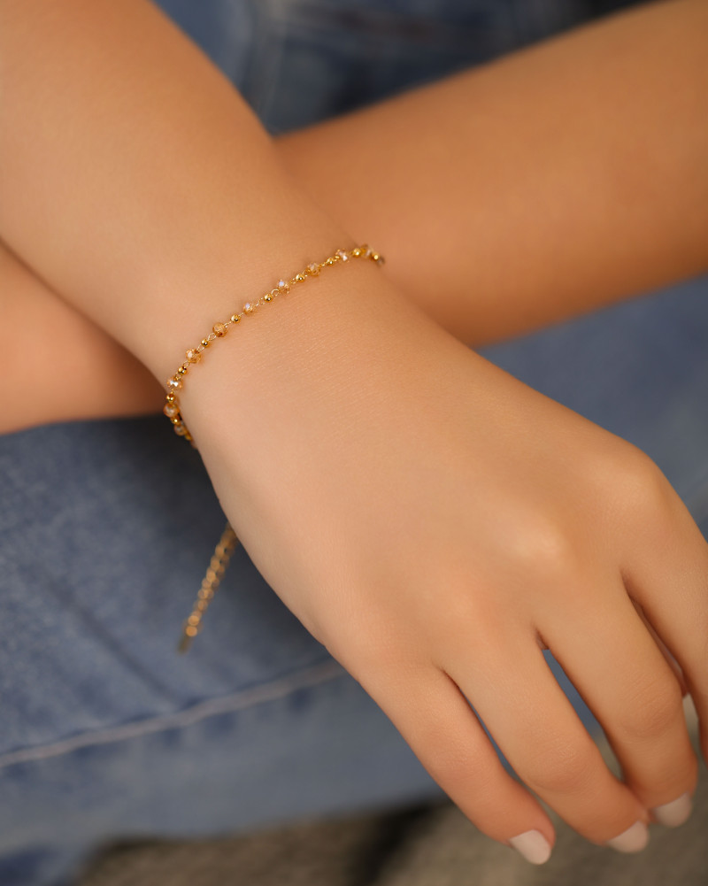 Pulseira Bolinhas Morganita 3 mm Banhado a Ouro 18K