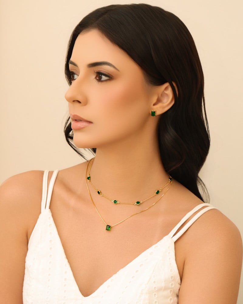 Conjunto Retangular Esmeralda Banhado a Ouro 18K