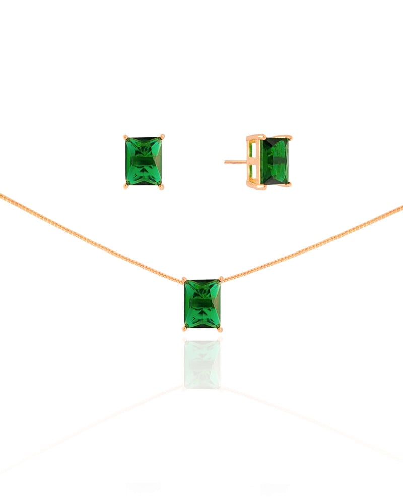 Conjunto Retangular Esmeralda Banhado a Ouro 18K