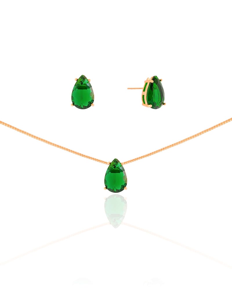 Conjunto Gota Esmeralda Banhado a Ouro 18K