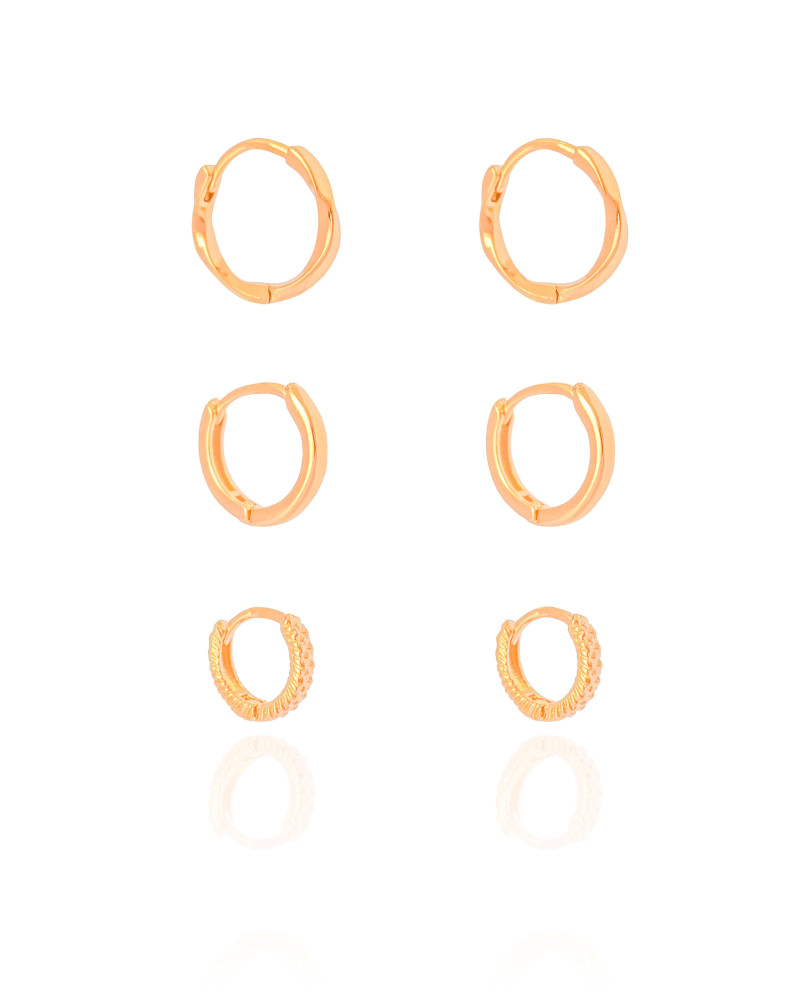 Trio de Argolas Detalhadas Banhado a Ouro 18K