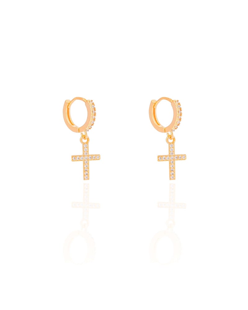 Brinco Argola Click Cruz Cravejado Cristal 2.6 cm Banhado a Ouro 18K