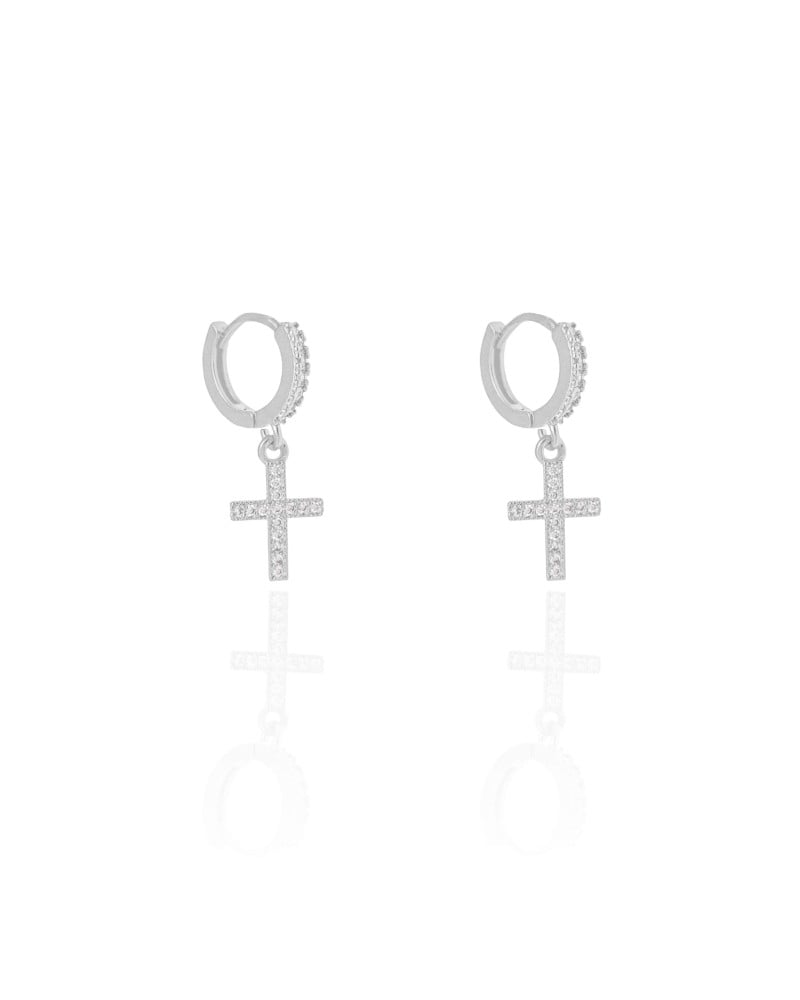 Brinco Argola Click Cruz Cravejado Cristal 2.6 cm Ródio Branco