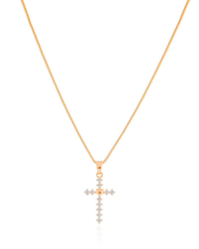 Gargantilha Veneziana Cruz Coração Cravejado Cristal Banhado a Ouro 18K - 45 cm