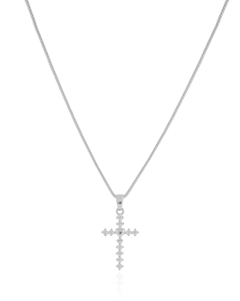 Gargantilha Veneziana Cruz Coração Cravejado Cristal Ródio Branco - 45 cm