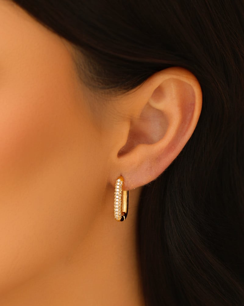 Brinco Argola Click Retangular Cravejado Cristal 2.0 cm Banhado a Ouro 18K