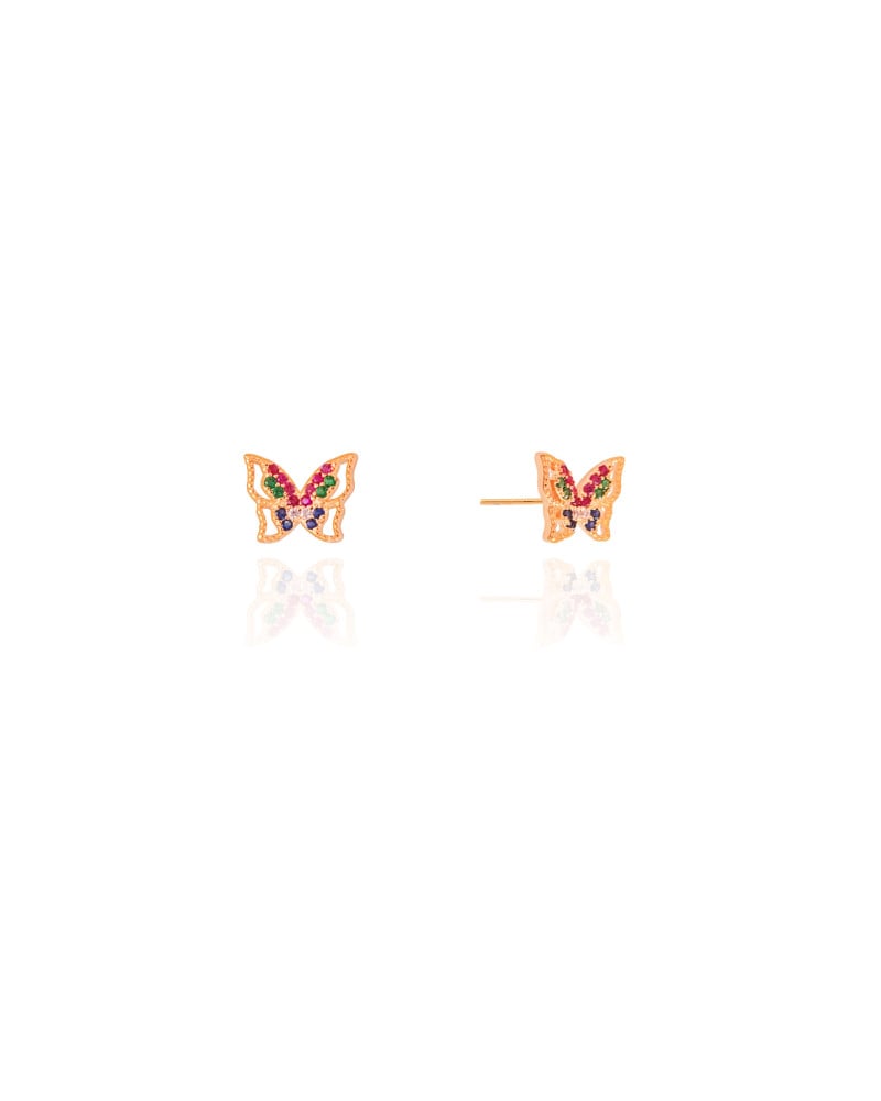 Brinco Infantil Borboleta Cravejada Colorida Banhado a Ouro 18K