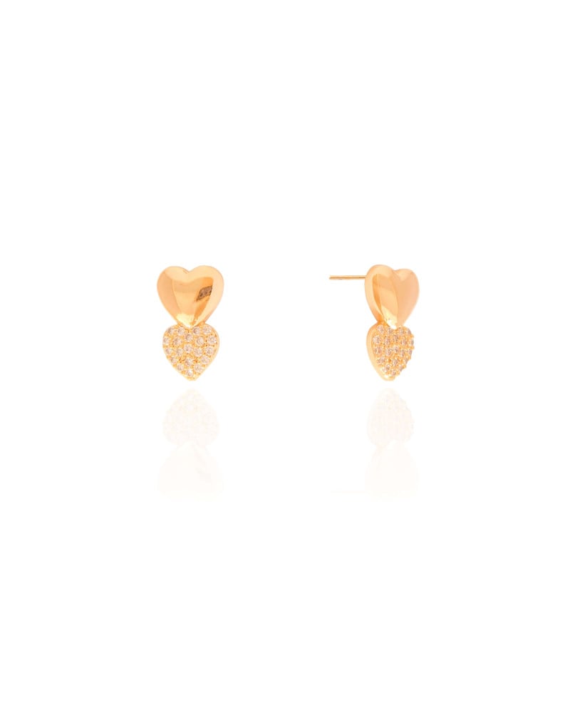 Brinco Coração Duplo Liso Cravejado Cristal 1.5 cm Banhado a Ouro 18K