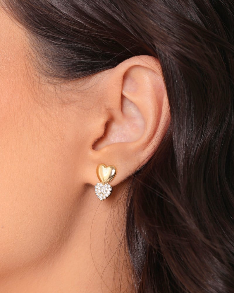 Brinco Coração Duplo Liso Cravejado Cristal 1.5 cm Banhado a Ouro 18K
