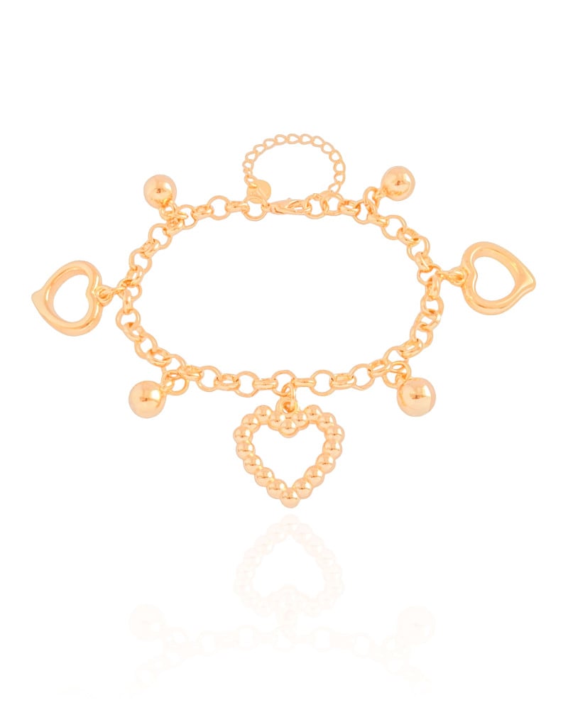 Pulseira Elos Corações e Bolas Lisas Banhado a Ouro 18K