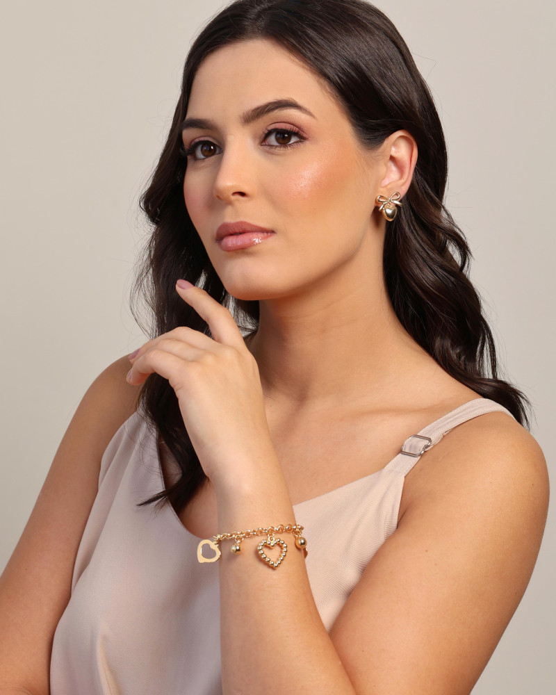 Pulseira Elos Corações e Bolas Lisas Banhado a Ouro 18K