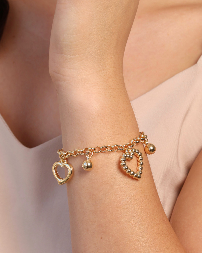 Pulseira Elos Corações e Bolas Lisas Banhado a Ouro 18K