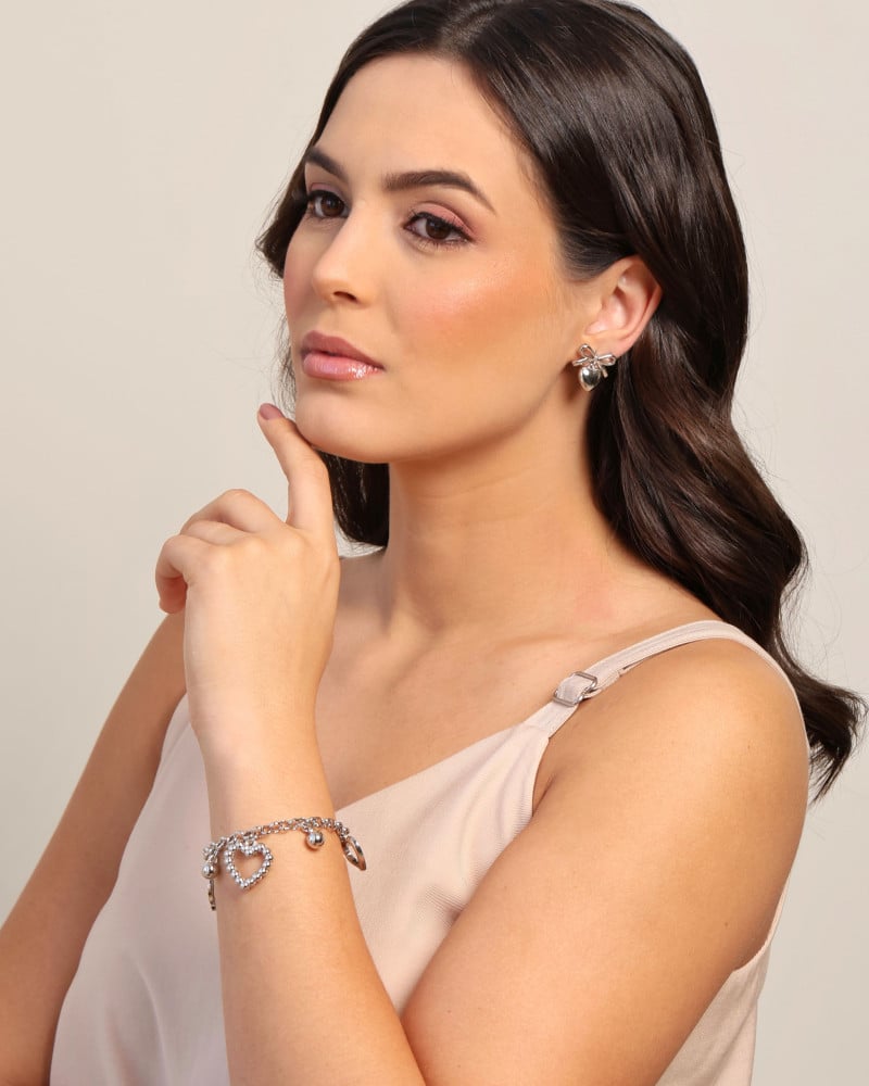 Pulseira Elos Corações e Bolas Lisas Ródio Branco