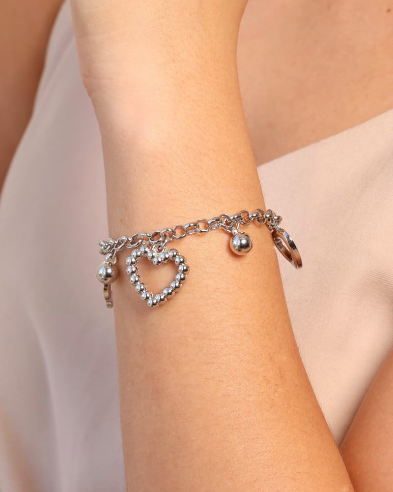 Pulseira Elos Corações e Bolas Lisas Ródio Branco