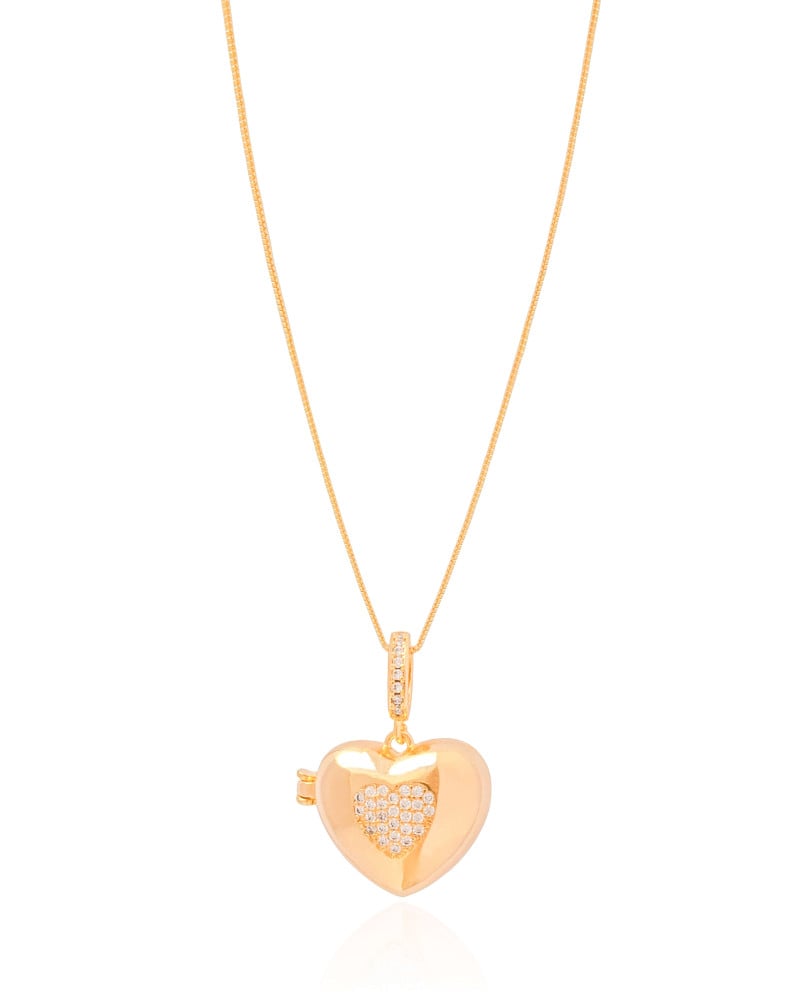Relicário Coração Cravejado Cristal Banhado a Ouro 18K - 45 cm