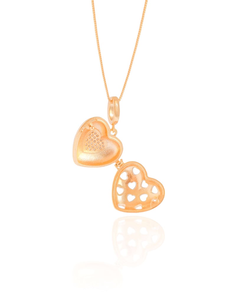 Relicário Coração Cravejado Cristal Banhado a Ouro 18K - 45 cm