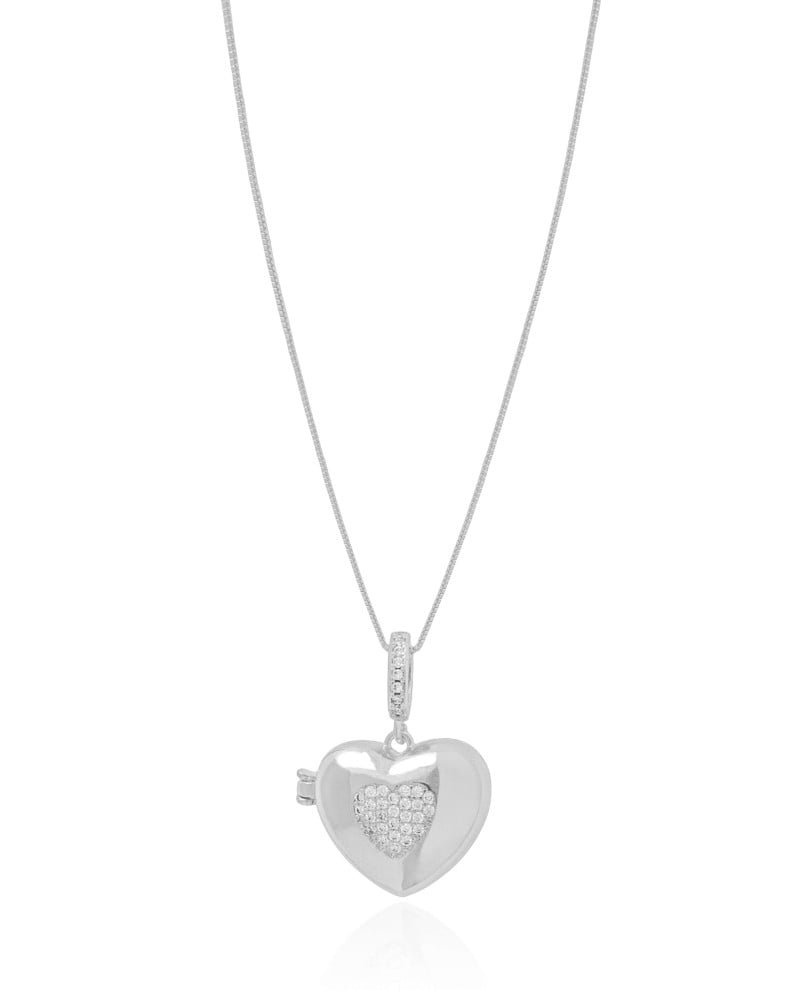 Relicário Coração Cravejado Cristal Ródio Branco - 45 cm