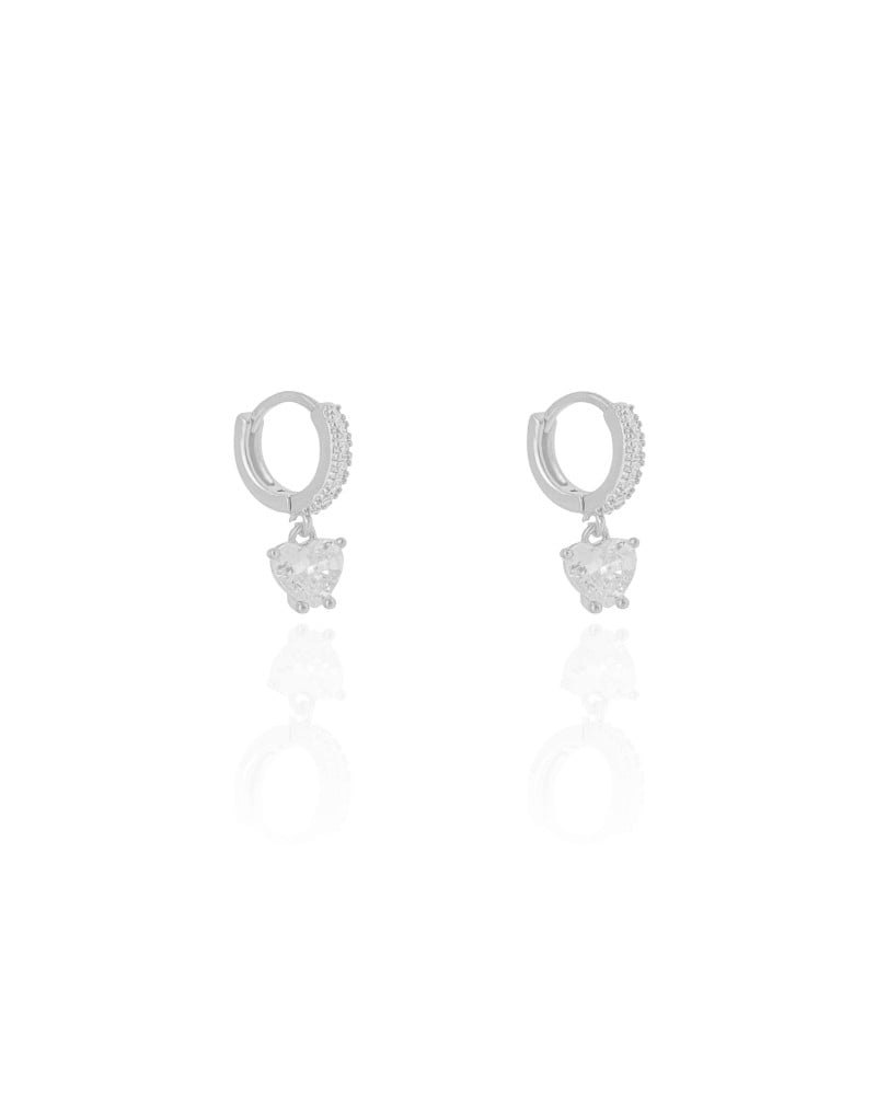 Brinco Argola Click Cravejada Coração Cristal 2.0 cm Ródio Branco