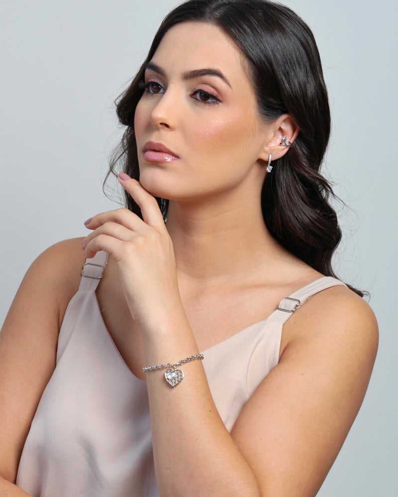 Pulseira Elos Coração Tela Cristal Ródio Branco