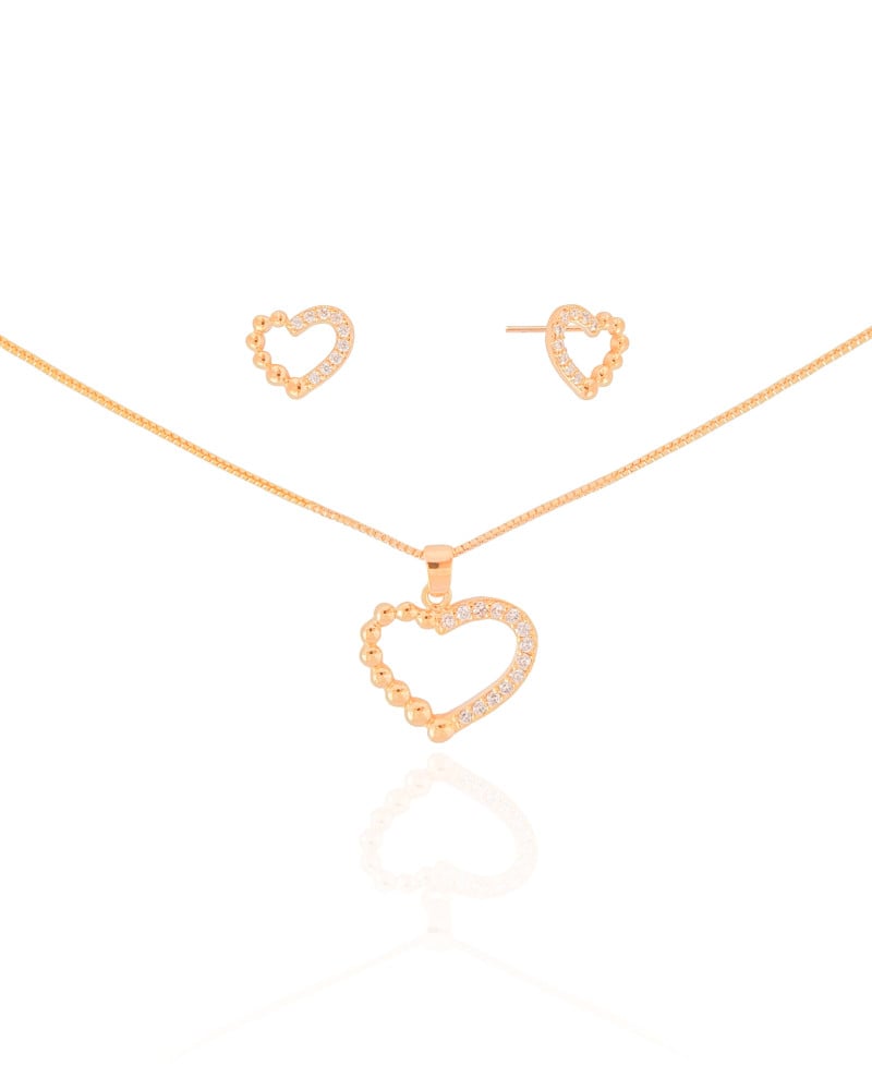 Conjunto Coração Bolinhas Cravejado Cristal Banhado a Ouro 18K