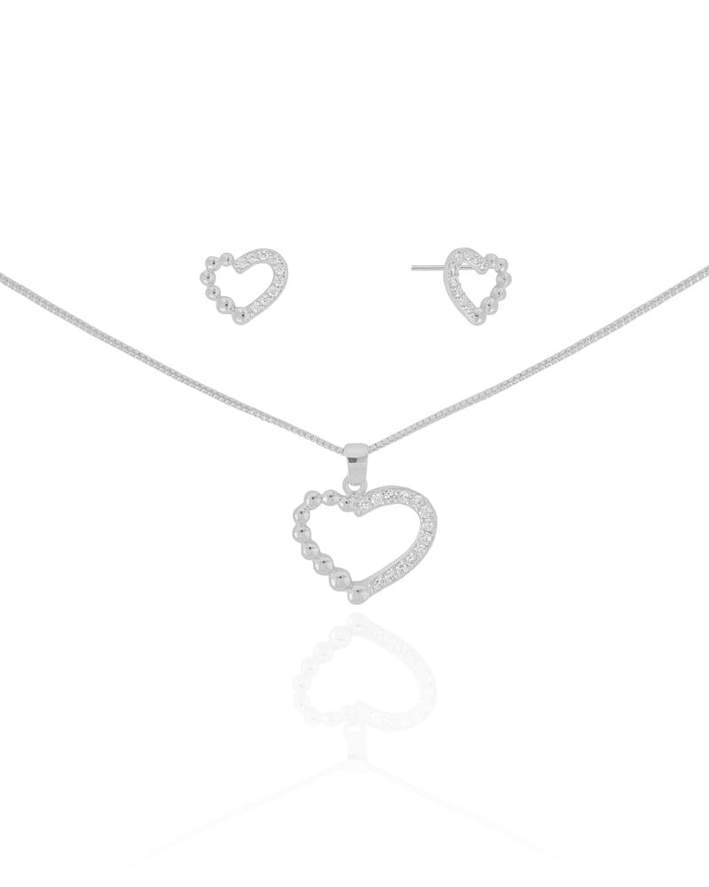 Conjunto Coração Bolinhas Cravejado Cristal Ródio Branco