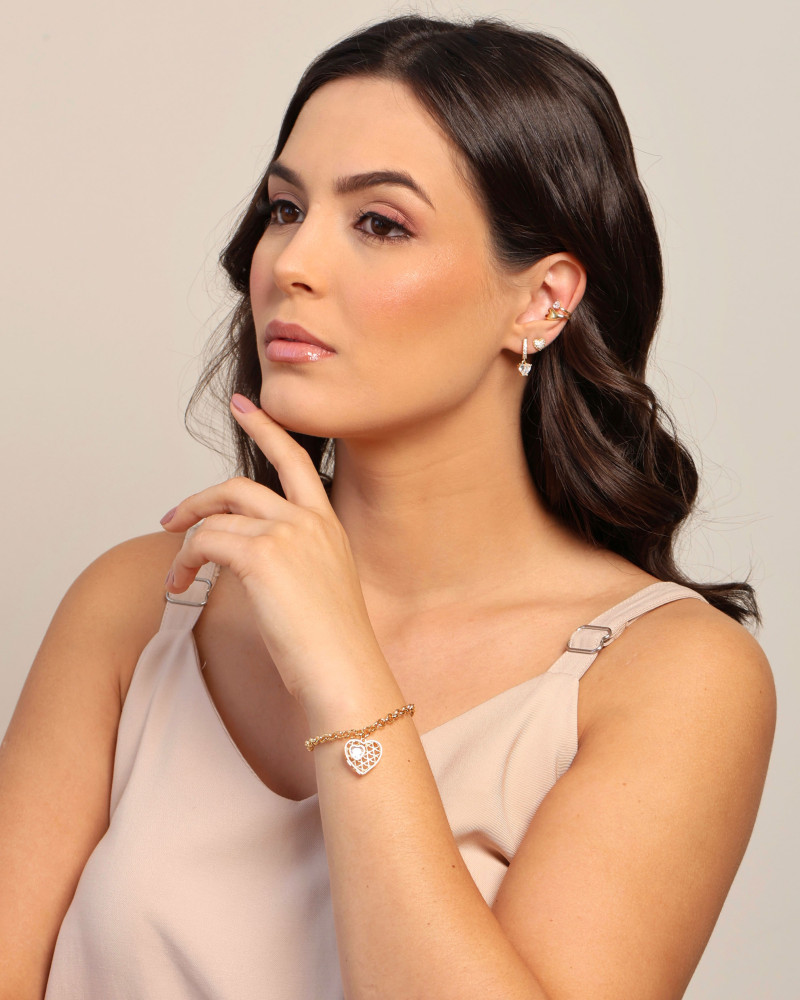 Piercing Coração Duplo Liso e Cristal Banhado a Ouro 18K