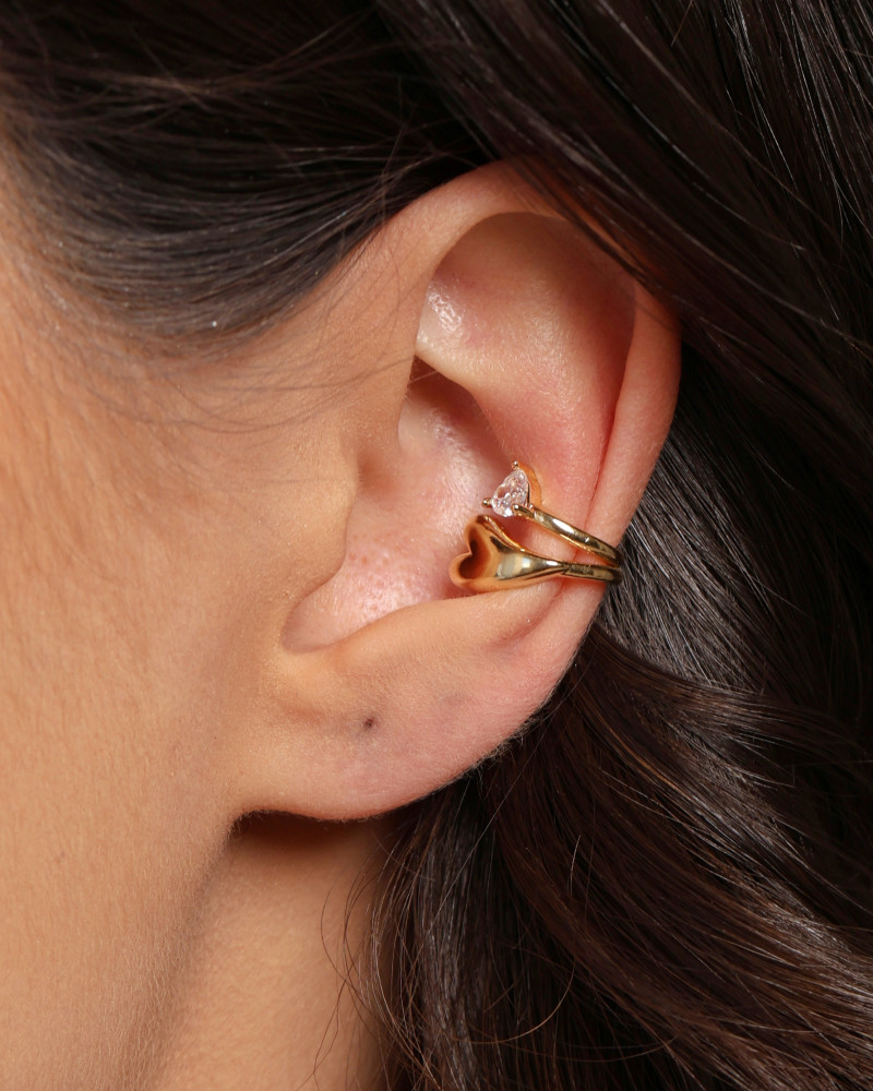 Piercing Coração Duplo Liso e Cristal Banhado a Ouro 18K