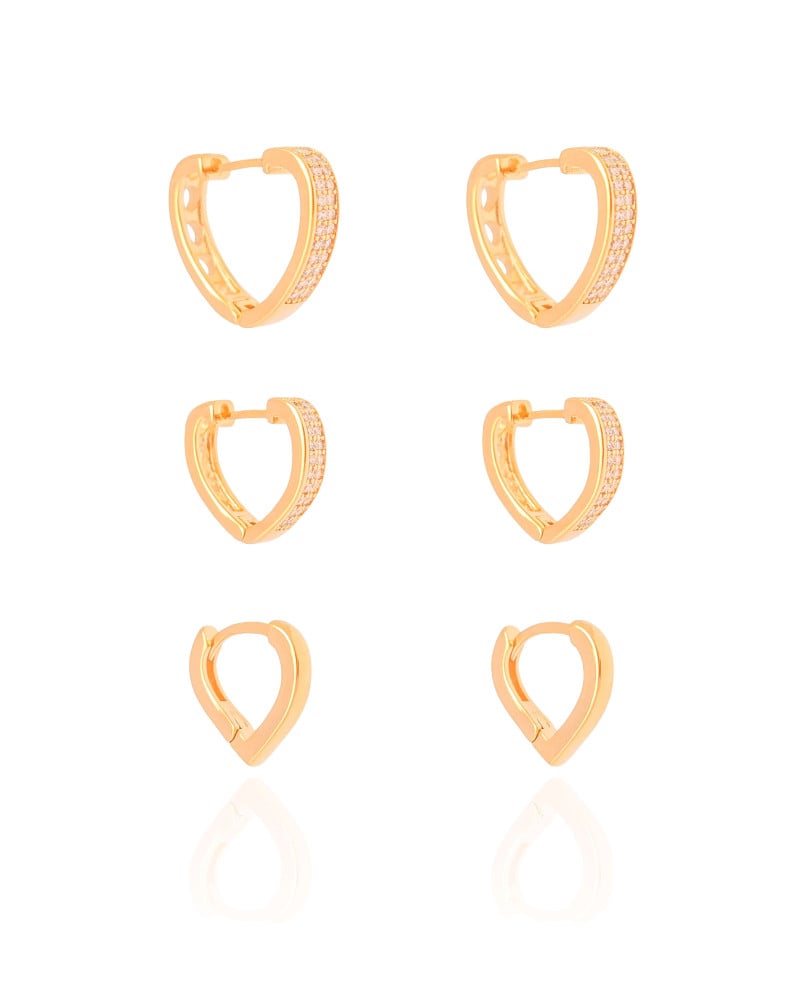 Trio de Argolas Coração Cravejado Cristal e Liso Banhando a Ouro 18K