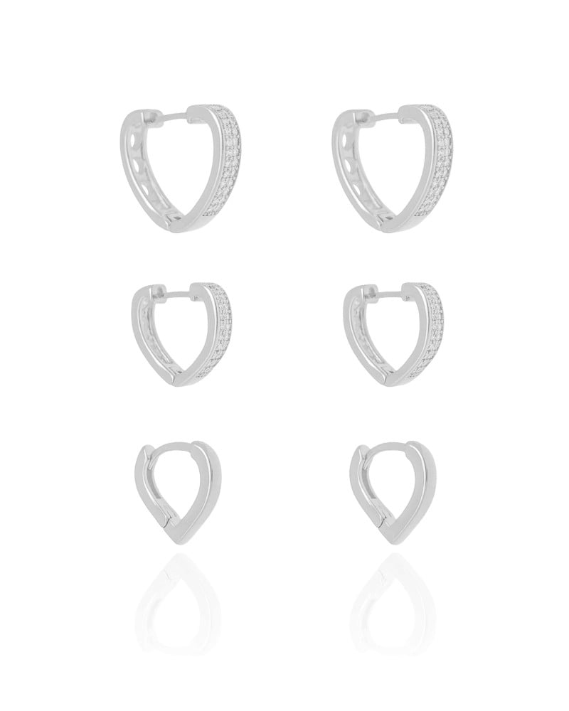 Trio de Argolas Coração Cravejado Cristal e Liso Ródio Branco
