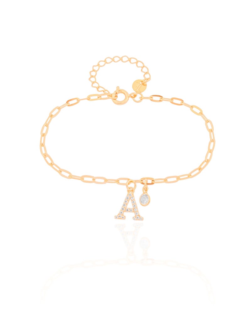 Pulseira Elos Letra A Cravejado Cristal Banhado a Ouro 18K