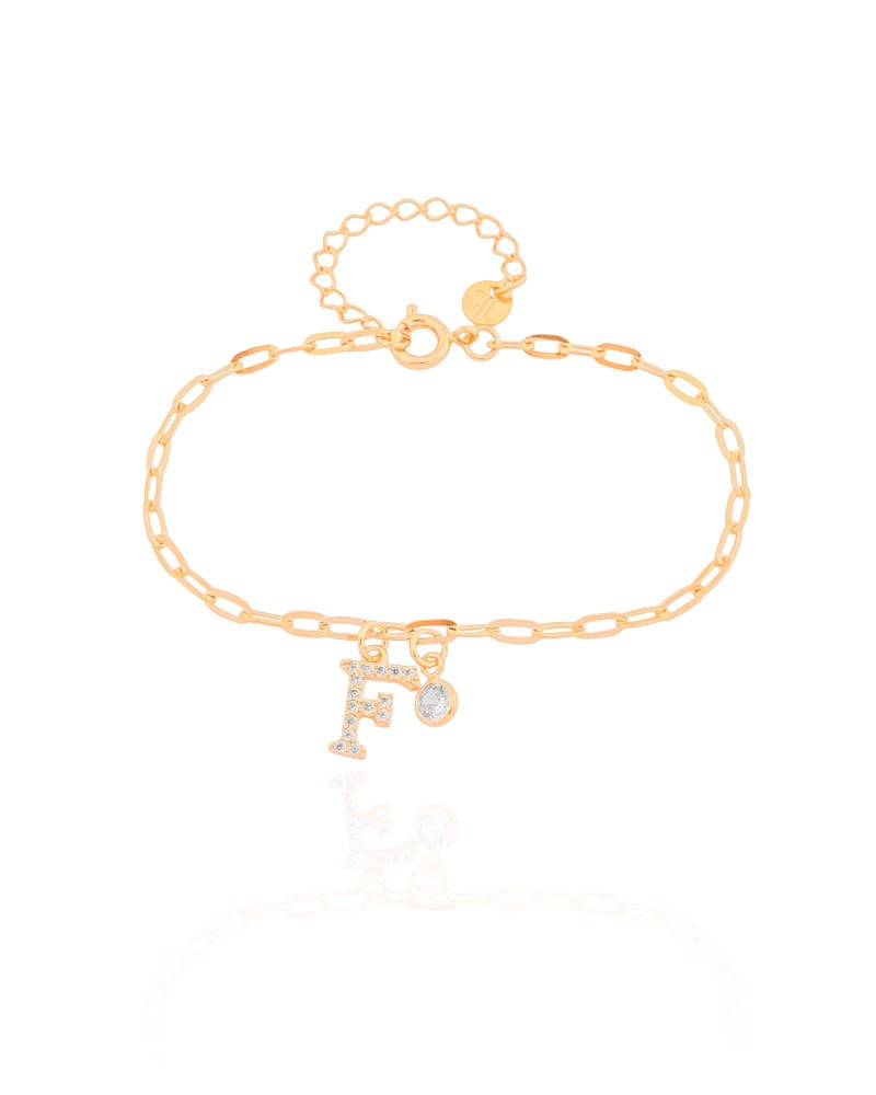 Pulseira Elos Letra F Cravejado Cristal Banhado a Ouro 18K